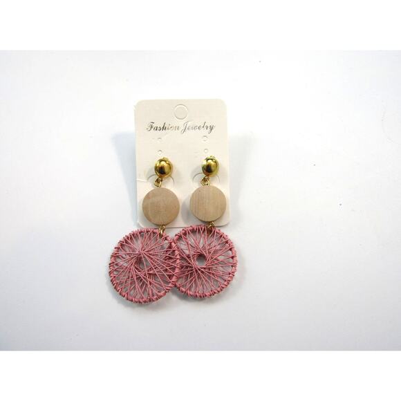 Pink Woven Round Circle Wheel Dangly Earrings Korean Teardrop Boho - Picture 1 of 3